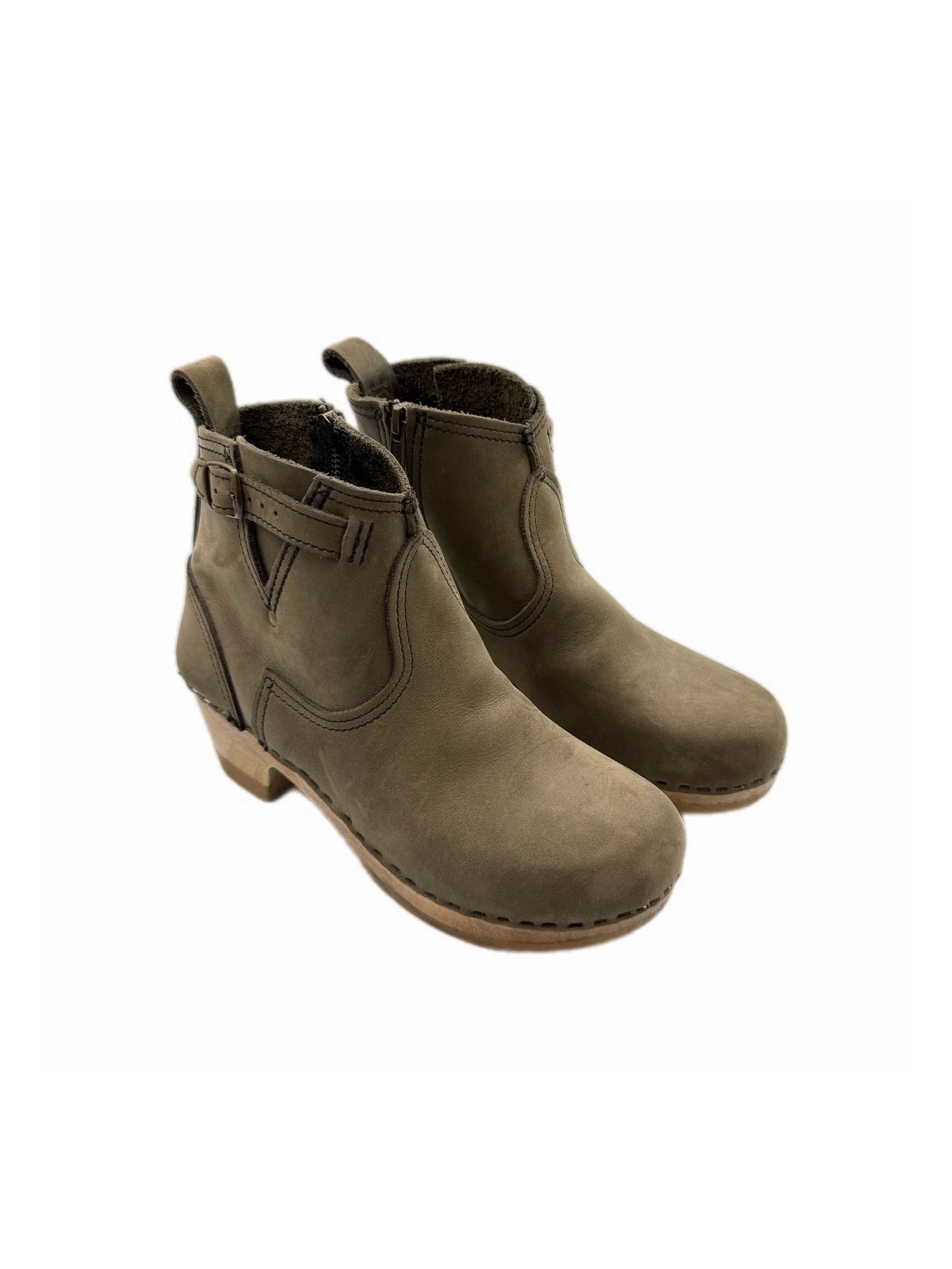 No. 6 Store Olive Green Nubuck Leather & Wood Side Zip Buckle Fall Clog Booties